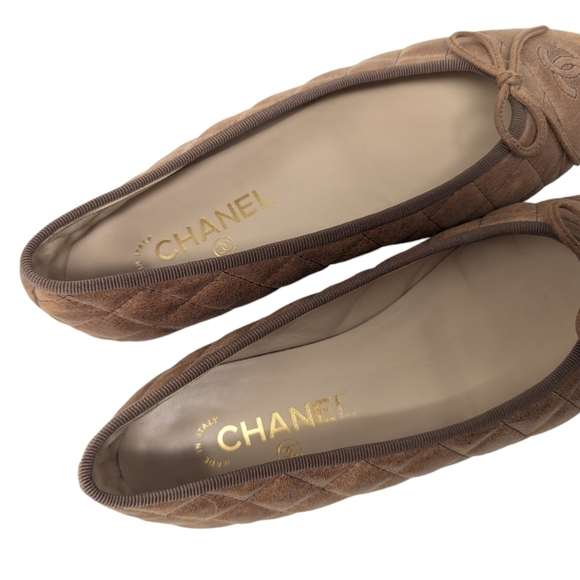 Chanel Interlocking CC Leather Tan Brown Quilted Bow Cap Toe Ballet Flat Size 39 - Picture 7 of 11